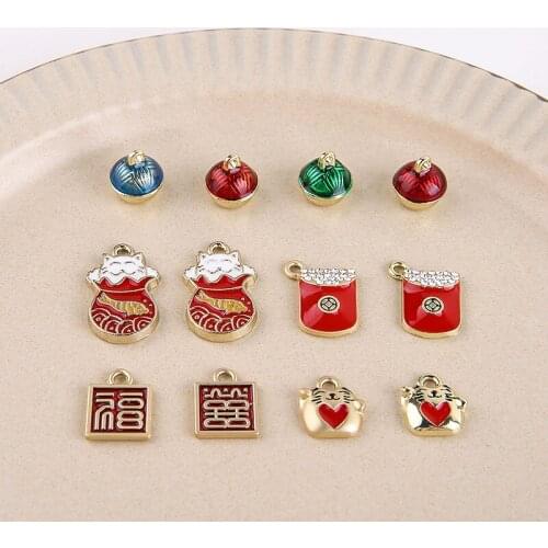 6pcs Chinese Style Vintage Earrings For Women Ladies lucky cat purse palace bell Fuxi text Pendant DIY earring necklace material