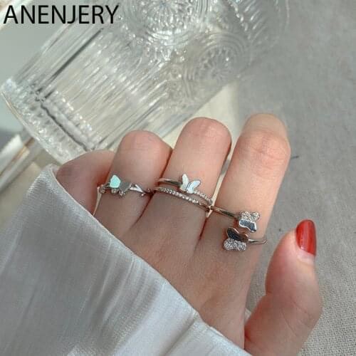 ANENJERY 925 Sterling Silver Shell Butterfly Open Finger Rings for Women 2020 New Lovely Korean Party Jewelry Hot Sale S-R908