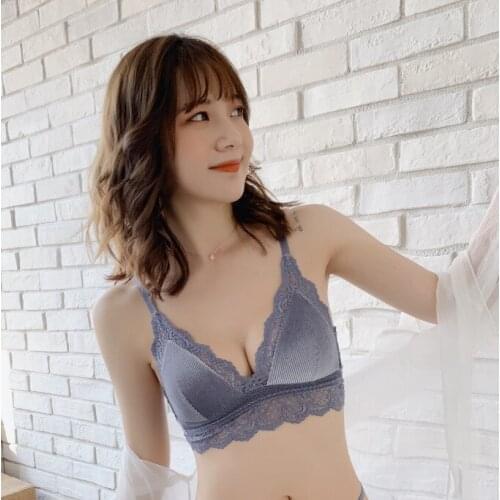 Sexy French Style Knit Lace Push Up Light Bras Women Seamless Wire Free Thin Triangle Gather Brassiere Summer Comfy Lingerie