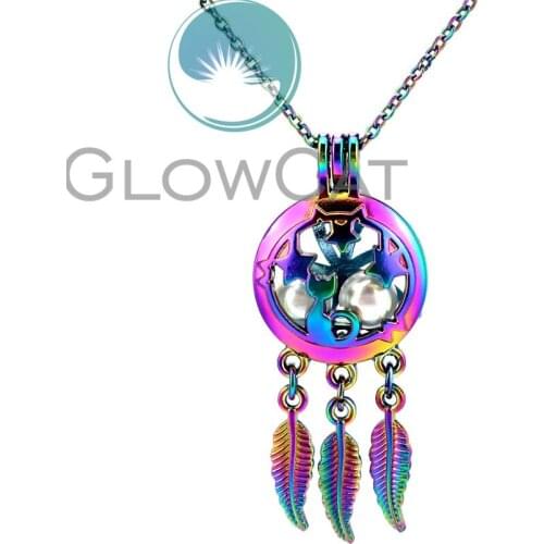 CC764 Rainbow Colors Dream Catcher Cat Star Beads Cage Pendant Perfume Diffuser Oyster Pearl Cage Locket Necklace