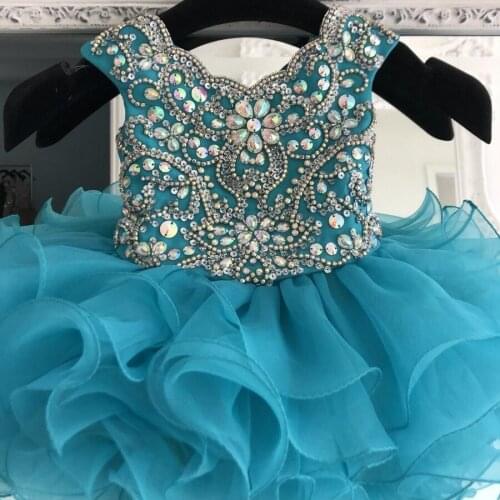 Infant Baby Girl Pageant Dress 2019 Cupcake Scalloped Neck Teal Ruffles International Miss Dance Gowns Crystals Rhinestones