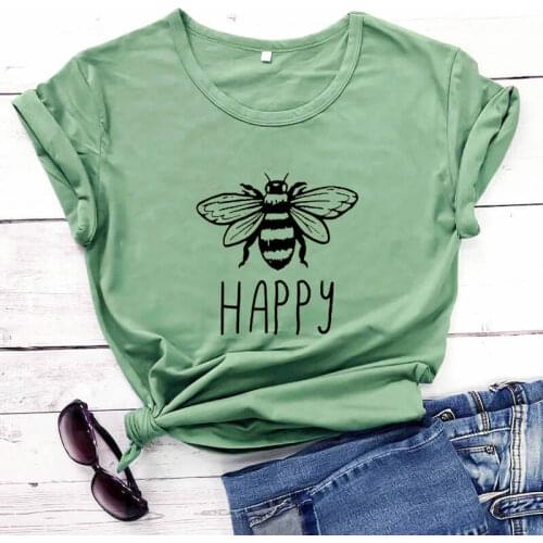 Be Happy Cute Bee Graphic Shirt New Arrival Summer Casual 100%Cotton Funny T Shirt Cute Bee Shirt Happiness Shirts Bee Happy Tee
