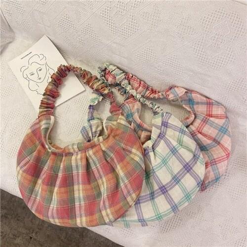 Contrast Color Women Polyester Cotton Handbags Girls Student Fold Plaid Hobos Crossbosy Bags Fashion Female Shopping Tote Bag