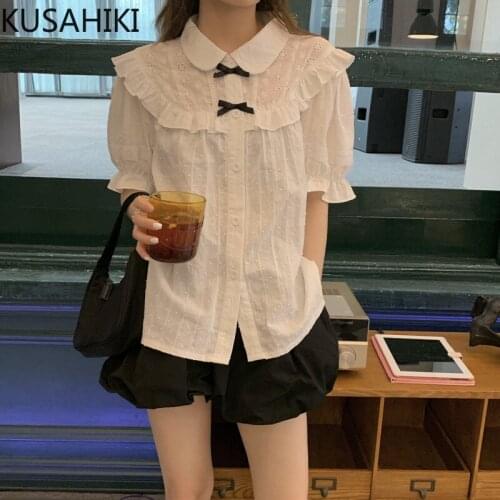 KUSAHIKI Women Short Sleeve Sweet Blouse Korean Ruffle Bowknot Peter Pan Collar Women Shirt 2021 New Blusas Mujer De Moda 6F143