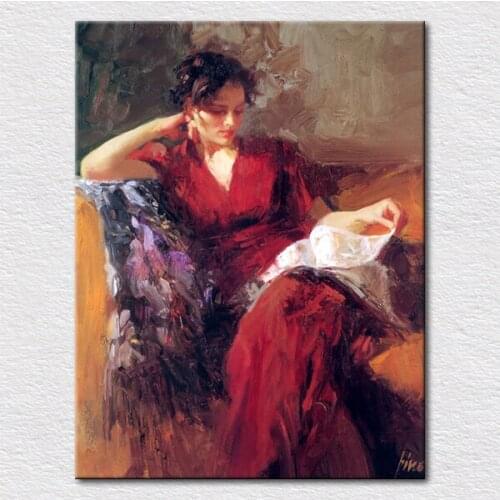 Hot sale modern Decoration craft of Canvas prints elegant red dressing lady paintings from oil painting free shipping