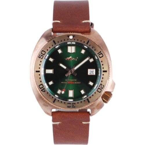 Heimdallr Mens Bronze Turtle Diver Watch Green Dial Sapphire Brushed CUSN8 Brass Case Japan NH35 Automatic Movement Wristwatch