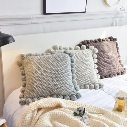 Nordic Simplicity Throw Pillow Cover Solid Color Cushion Cover Wool Knit Pillowcase with Ball Home Decorative Soft Decor