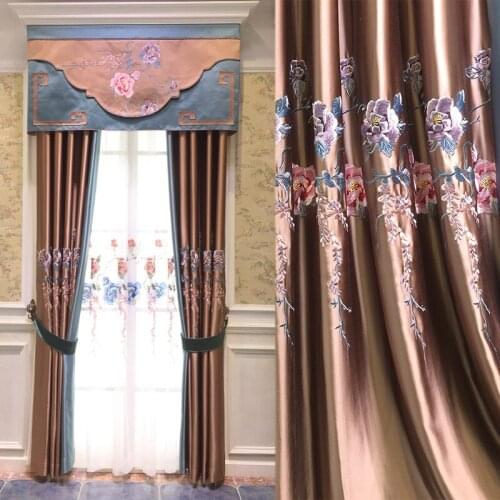 New Chinese style classical imitation silk satin living room atmosphere embroidered curtain cloth living room curtains bedroom
