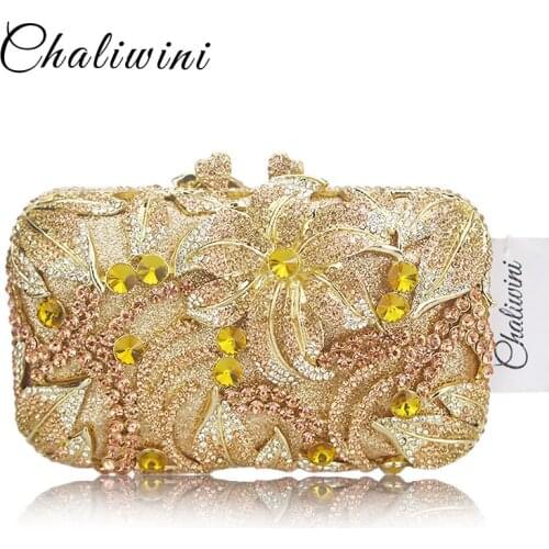 Luxury Golden Rose yellow Flower Party Purse Women Wedding Bridal Handbag Pouch Soiree Pochette Bag Crystal Clutch Evening Bag