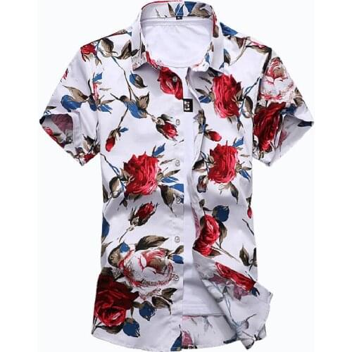 New Mens Slim Flower Printed white black Shirt Short Sleeve Casual Floral Hawaii Beach Shirt Fashion Holiday Lapel 5XL 6XL 7XL