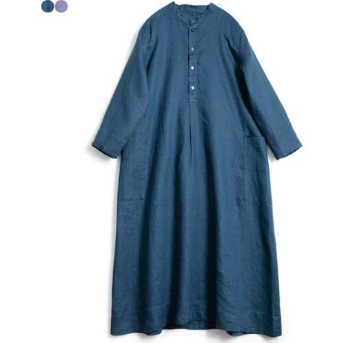 Pure linen loose size long Dress stand collar half open placket A-line large swing Dress cotton linen robe spring 0225