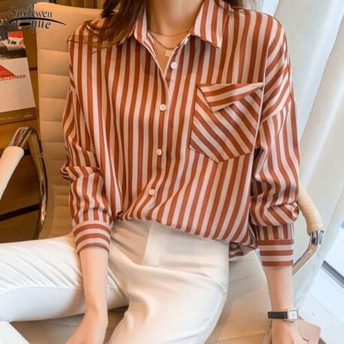 Long Sleeve Shirt Tops Female Plus Size Loose Striped Chiffon Shirt Blouse Women Button Office Lady Blouses Casual Blusas 13018