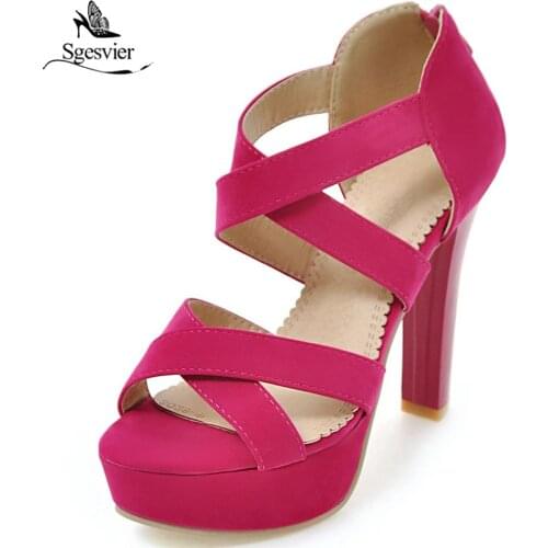 Sgesvier Women Sandal Square High Heel Peep Toe Summer Zipper Black Women Shoes Flock Ladies Wedding Party Shoes Size 32-43 B526