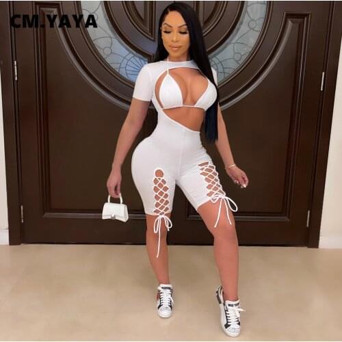 CM.YAYA Cut Out with Bra Lace Up Playsuit Bodycon Rompers for Women Short Sleeve Jumpsuit Sexy Club Party Active Summer Outfit