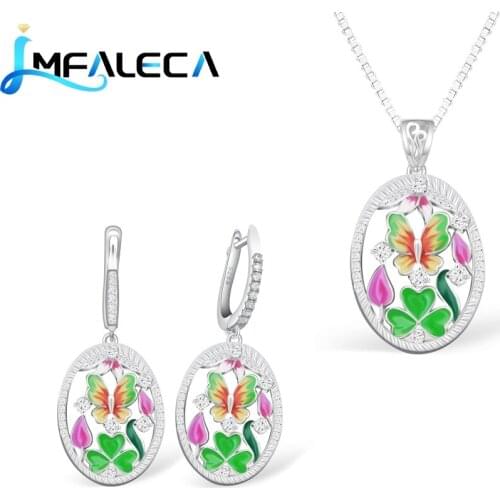 LMFALECA Butterfly Silver Necklace Earrings Sets Shiny Handmade Enamel 925 Sterling Silver Pendant Luxury Fine Jewelry for Women