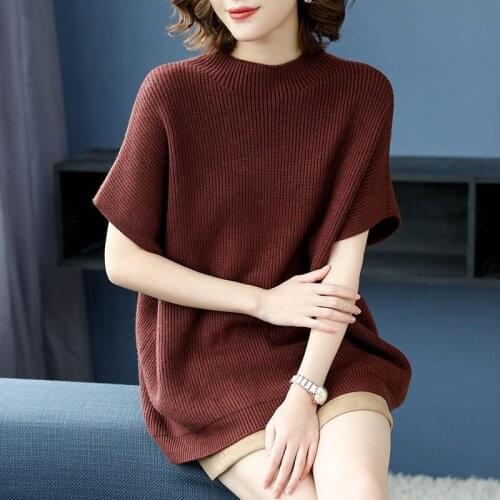 Short-sleeved Simple Style Knitted Sweater Women Loose Bat Sleeves Without Decoration Ribbed Solid Jumpers Pullover Spring