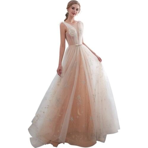 In Stock Tulle A-Line Scoop Neck Tank Appliques Backless Embroidery Long Evening Dress Vestido de noche Robe de soiree 33668