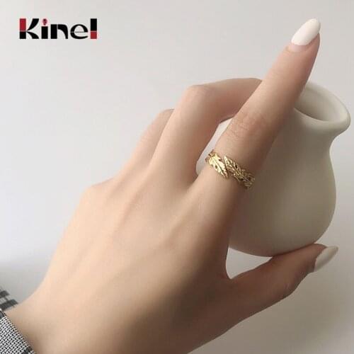 Kinel Ethnic Vintage Leaves Ring 18K Plating Real Gold Ladies Rings For Women Fine Jewelry 925 Sterling Silver Ring