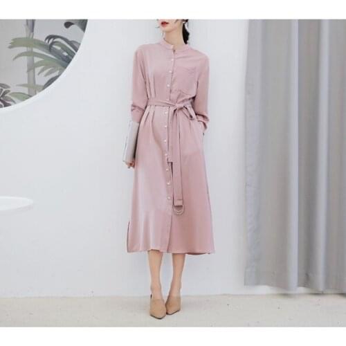 Women Casual Shirt Dress Solid Pink Color Long Dresses 2019 Loose Split Long Shirt Dresses Vestidos 2019 Fashion