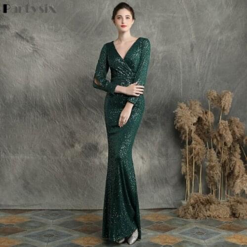 Partysix 2021 Women Autumn Winter Elegant V Neck Sequin Dress Long Sleeve Maxi Bodycon Dress Female Evening Party Dress