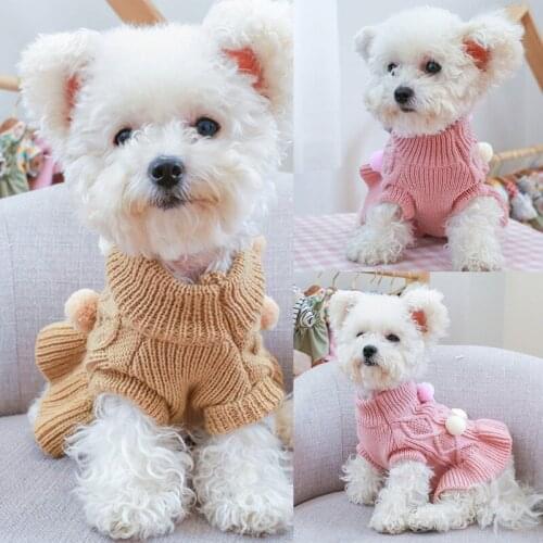 Winter Pet Warm Sweater Dress Dog Clothes Turtleneck Dog Sweater Knitted Dress With Pompom Warm Pet Cat Puppy Small Dog Clothing