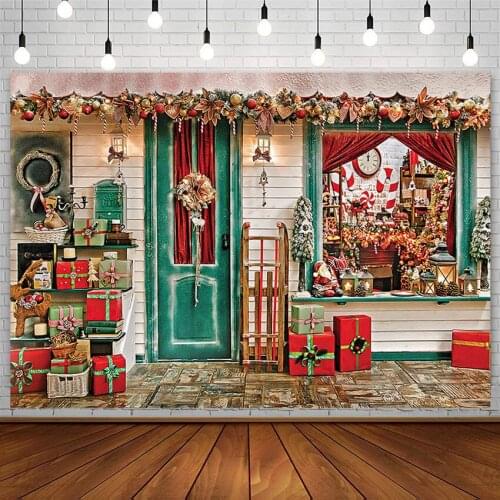 Winter Christmas Photography Background Gift Shop Wreath Green Door Santa Claus Baby Backdrop Photo Studio Props Decor Photozone