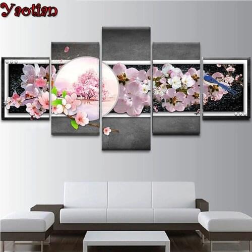 5 Pieces DIY Diamond Embroidery Pink peach blossom blooming bird 5D Diamond Paintings Mosaic Picture Cross Stitch Fast Delivery