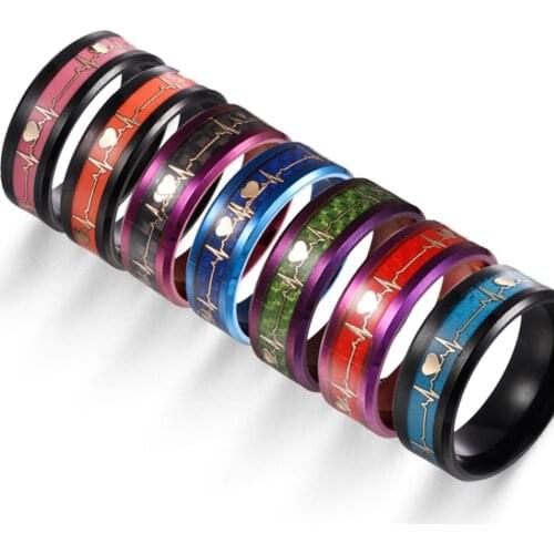 8MM Seven-color Fashion Electrocardiogram Carbon Fiber Stainless Steel Men And Women Couple Wedding Ring Party Anniversary Gift
