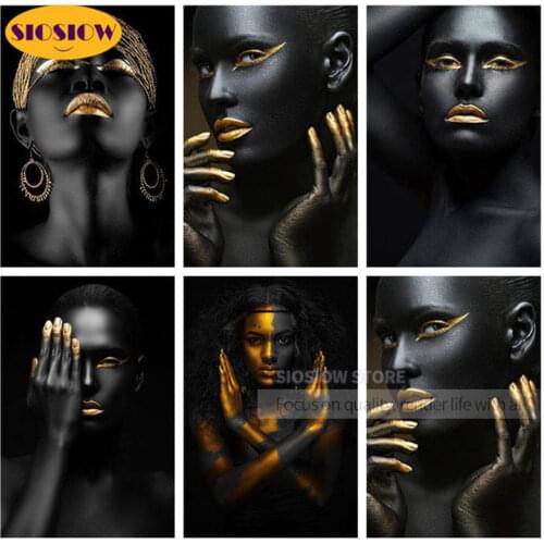 SIOSIOW Black Gold Art 5d Diy Diamond Painting African Woman Portrait Daimond Mosaic Embroidery Full Set Round Modern Home Decor