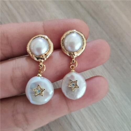 White blue cz paved tiny gold star charm natural freshwater pearl beads dangle earring for women wedding birthday jewelry gift