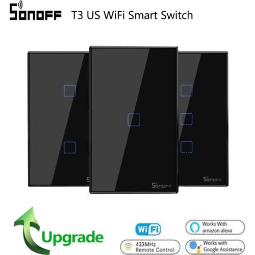 Sonoff T3 US Wireless RF433 Wifi Wall Light Switch Black Glass Panel APP Remote Smart Home Touch Switch with Alexa Google Home
