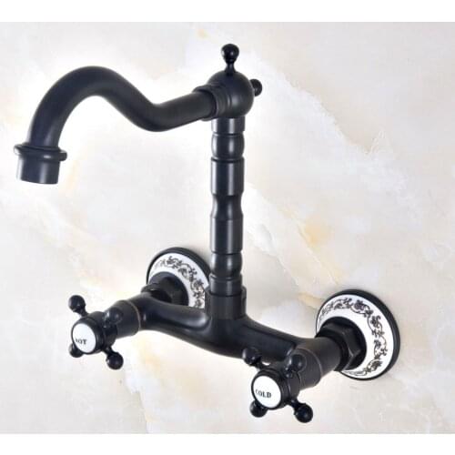Black Oil Rubbed Antique Brass Bathroom Kitchen Sink Basin Faucet Mixer Tap Swivel Spout Wall Mounted Dual Cross Handles mnf460