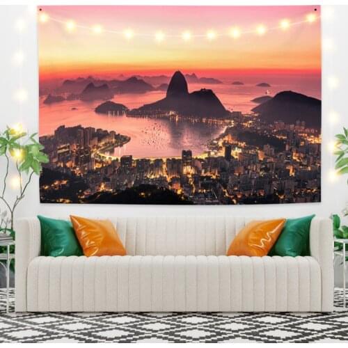 Wine Red City and Mountain Landscape Tapestry Vintage Exotic Summer Plant Nature Frame for Bedroom Photography Wall Decor