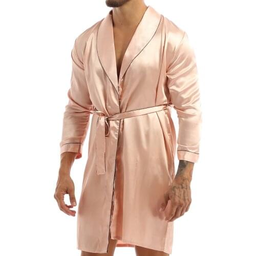 Men Silky Satin Bathrobe Black Long Sleeves Lightweight Nightgown Casual Kimono Robe Loungewear Sleepwear Pajama Home Clothes