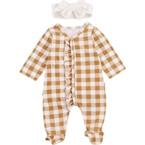 2020 New Fall Autumn Newborn Baby Girls 2Pcs Set Yellow Plaid Single Breasted Ruffled Long Sleeve Footie+Headband Infant Clothes