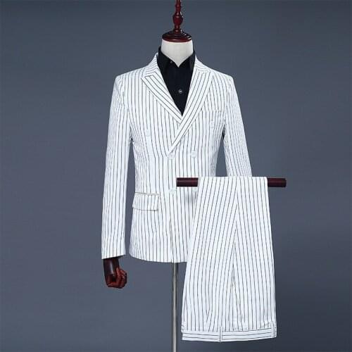 2 Peces Suits (Jacket+Pants) Men Hipster Vertical Striped Double Breasted Suit Men Wedding Groom Tuxedos Suits Costume Homme XXL