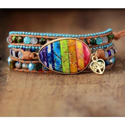 Colorful Beaded Natural Stone Love Bracelet Romantic Spiritual Chakra Leather Wrap Bracelets Mix Stone Bracelet Classic Jewelry