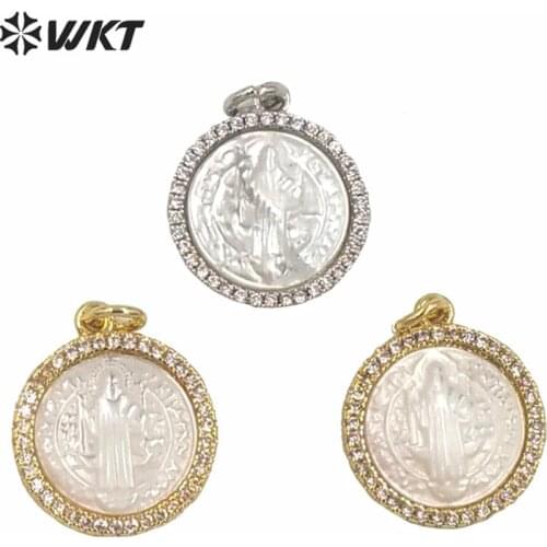 MP164 Factory price new white shell pendant Jehovah people image pendant 15mm religious Christian pendant in gold plated