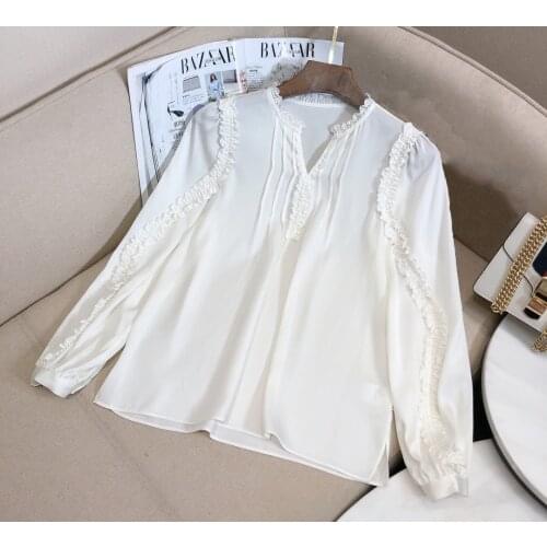 Fashion 2021 new ladies long-sleeved sexy casual V-neck pleated silk shirt with wooden ears 0115