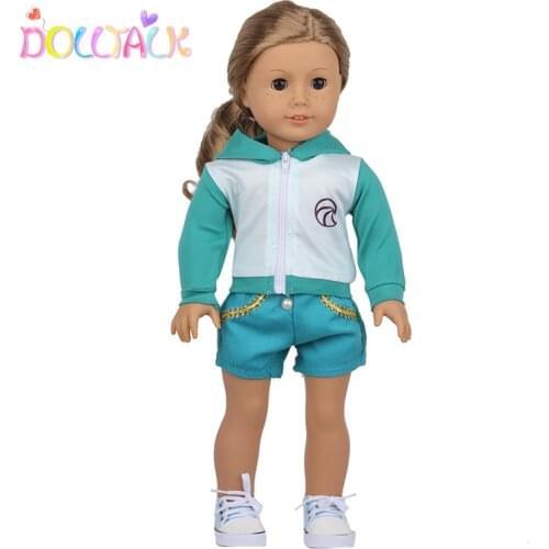 Fashion 43 cm Baby Dolls Clothes Suit For 18 Inch American Dolls Hoodie +Green Pearl Shorts For Our Generation Toys For Girls