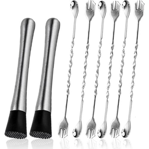 New 8 Inch Stainless Steel Cocktail Muddler & Mixing Spoon Home Bar Tool Set,Make Mojito Mint Juleps Drink Juices,8 Pack