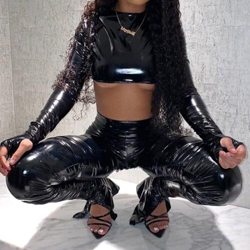 OMSJ Women Club Sexy PU Leather Matching Set O-neck Long Sleeve Crop Top And Split Leggings Pants Female Bodycon Fashion Outfits