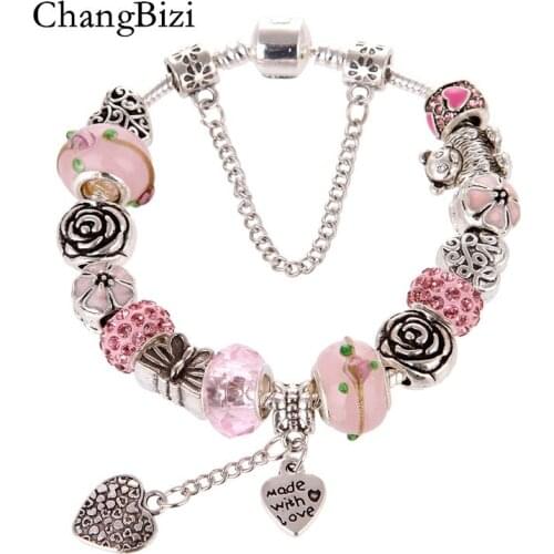ChangBizi Heart Pendant Pink Crystal/Glass Beadas Charm Pan Bracelets&Bangles pink Beads Bracelets For Women Gift BT0105