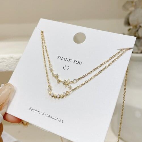 Origin Summer Korean Fashion Double Layer Stainless Steel Star Pendant Necklace for Women Exquisite Rhinestone Necklace Jewelry