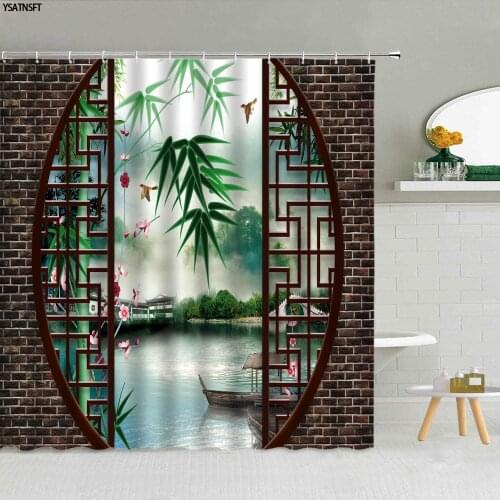 Chinese Style Screen Scenery Shower Curtain 3D Green Bamboo Flowers Bird Landscape Bathroom Supplies With Hooks Fabric Curtains