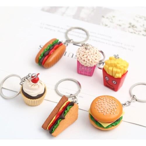 Resin Simulation Food Keychain Hamburger Bread Cake French Fries Popcorn Toys Key Ring Bag Purse Ornament Jewelry Trinket Gift