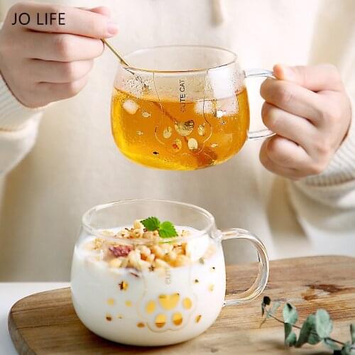 JO LIFE Home Office Drinkware Coffee Glass Mug Breakfast Milk Juice Heat-resistant Transparent Cat Paw Printed Cup
