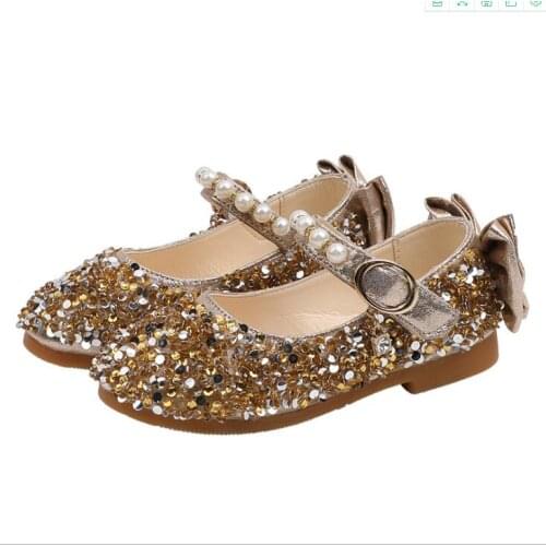 Girls Princess Shoes Mary Janes Bling Party Shoes Back Bow Kids Flats Bead String Bridal Shoes For Child Big Girls 1-12y Spring