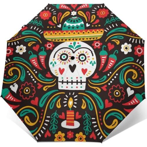 Wind Resistant Fully-Automatic Umbrella Dia De Muertos Skull With Sombrero Rain 3 Folding Parasol Travel Car Umbrella