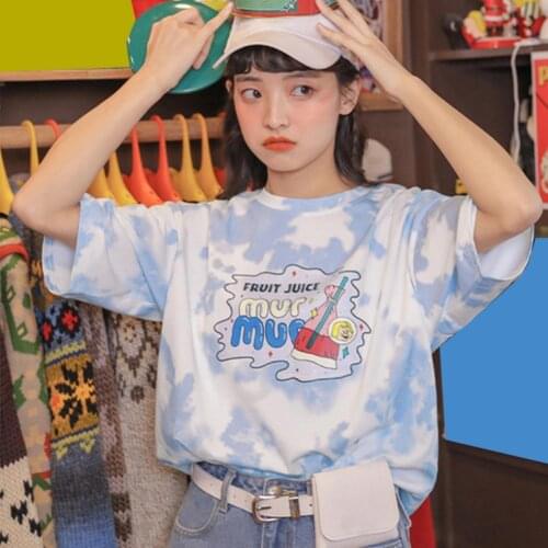 Women Fashion Cartoon T-shirt Gradient Color Tie Dye O Neck Short Sleeve Top